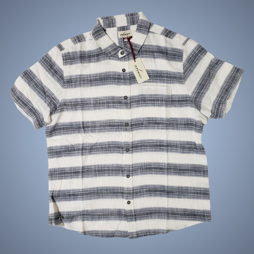 JEREMIAH Button Down Shirt Short Sleeve Stripe Woven Shirt Men Large Backbay NWT